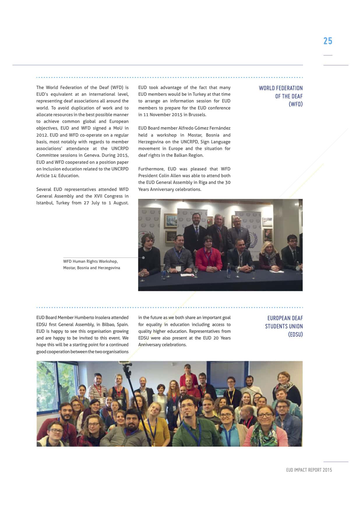 Page from a report showing two photos of groups at conferences, with text descriptions about world federation of the deaf and european union of the deaf students' activities.