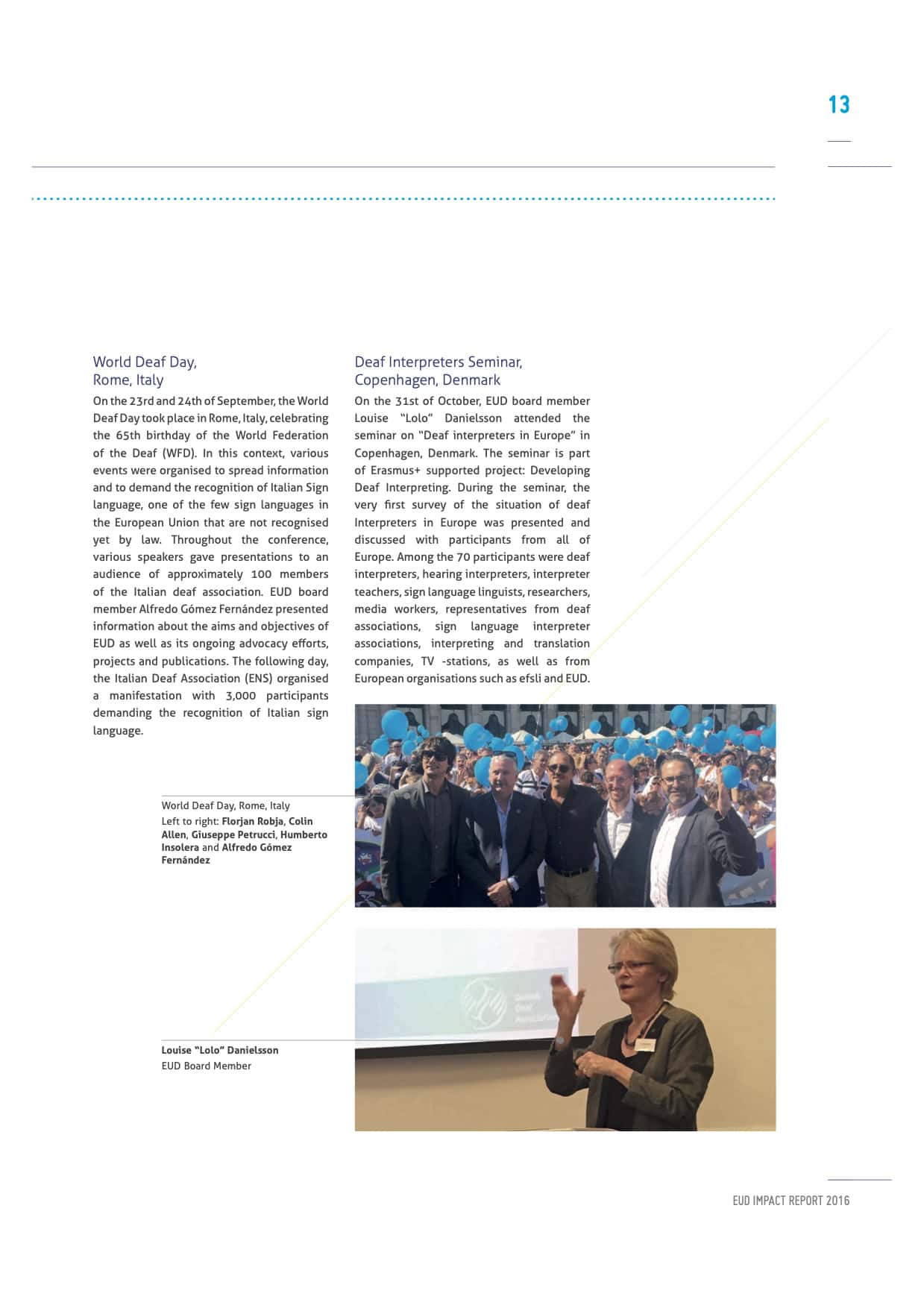 Page from a report showing a photo of people at a seminar, a text section about world deaf day, and another text section about a deaf interpreters seminar.