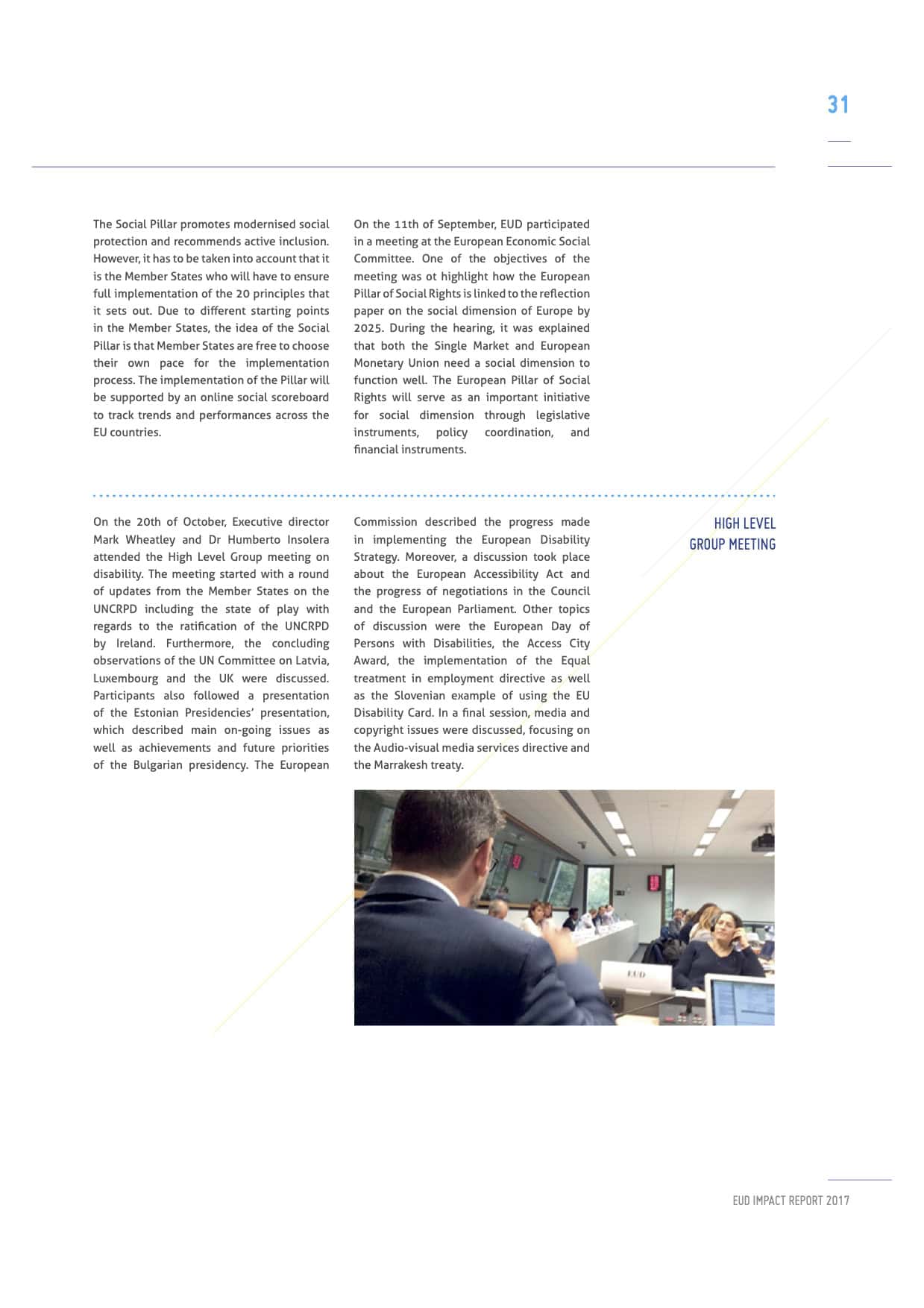 Page from a report displaying text and charts about a high-level meeting discussing social inclusion strategies, labelled 'euro impact report 2017'.