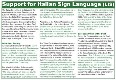 Immagine testuale che presenta un articolo riguardante il "supporto per la lingua dei segni irlandese", con sezioni dettagliate che discutono del suo sviluppo e delle iniziative adottate