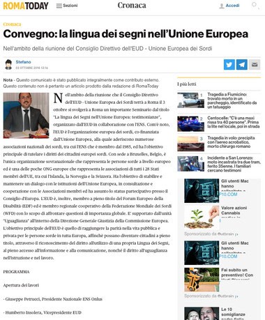 Uno screenshot di una pagina web di Romatoday che presenta un articolo intitolato "Convegno: La Lingua dei Segni nell'Unione Europea", con vari icone per la condivisione sui social media e un menu di navigazione.