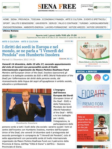 Screenshot del sito web "Siena Free" che presenta un articolo sul Giorno Europeo dei Sordi e un evento culturale con Humberto Insolera. La pagina include menu e collegamenti ai social media.