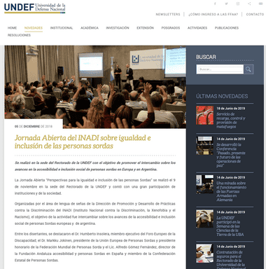 Website screenshot displaying a news article about an event discussing equality and inclusion for deaf people, featuring multiple spanish text sections and a navigation bar.