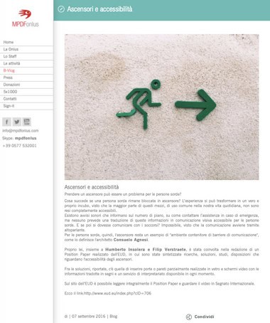 Screenshot of a webpage featuring an icon of an accessible exit, text in italian discussing accessibility, and an email and phone contact.