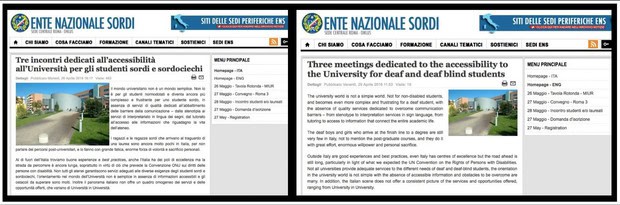 Side-by-side comparison of an article layout about meetings on university accessibility for deaf students, in italian and english, showing similar content structure.