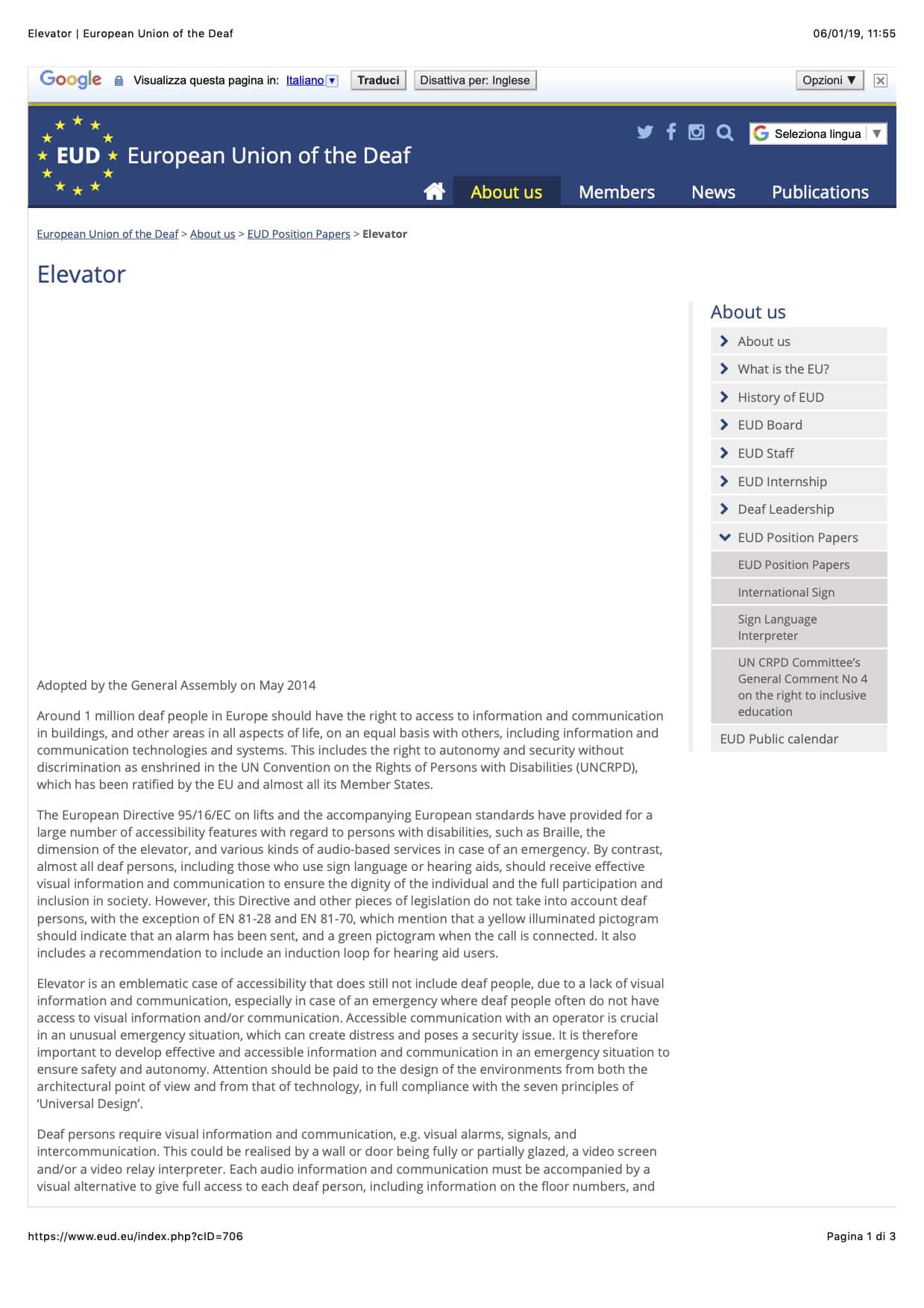 Webpage screenshot of the european union of the deaf's information on elevators, featuring sections for google search, news, and publications.