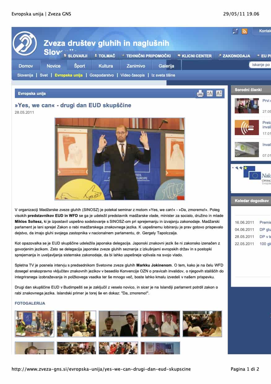 Screenshot of a webpage from the site "zveza ena - evropska unija," featuring a navigation menu, article titles, and search functionality in slovenian language.