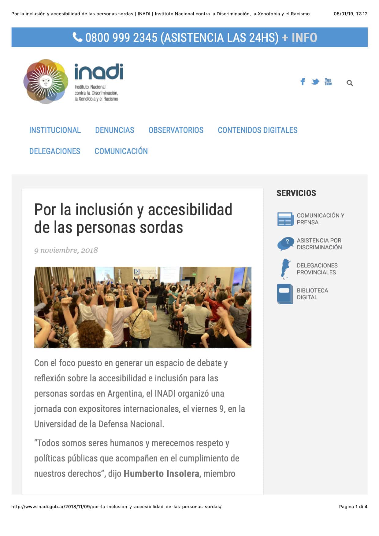 Screenshot of a webpage with text in spanish discussing social inclusion for the deaf community, featuring a header, menu, and a photo of a group meeting.