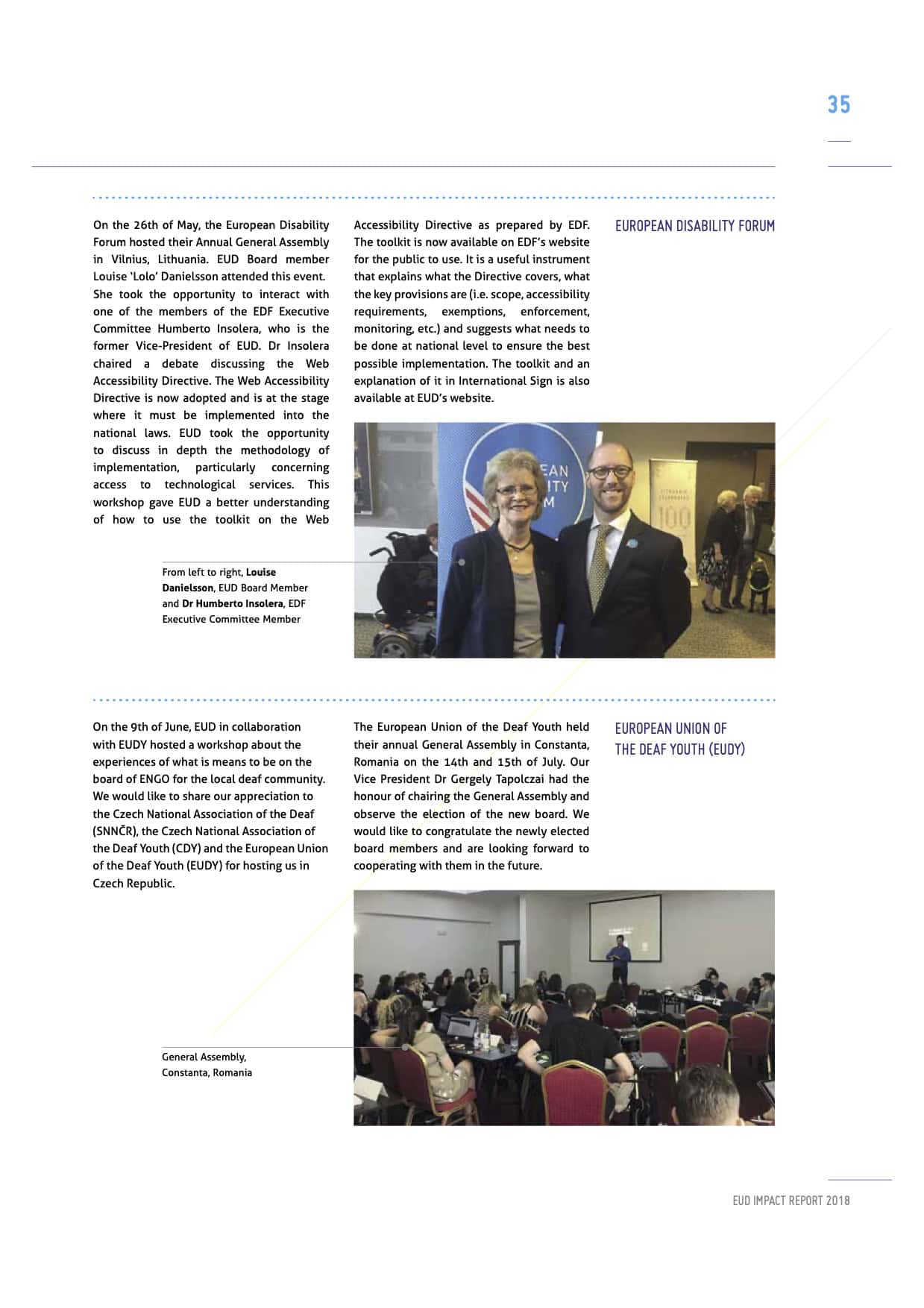 Page from a report showing an extract with text and a photo of two individuals shaking hands at a conference, alongside logos for the european disability forum and european union of the deaf.